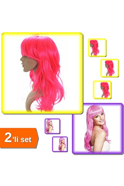 HerEveOyuncak Uzun Peruk Saç Pembe + Uzun Peruk Saç Toz Pembe - 2li Set B4X6P2