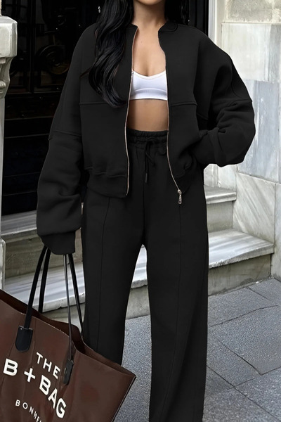 ruNadeS Women's Winter 3 Thread Ç piped Palazzo Bomber Cardigan Tracksuit Set