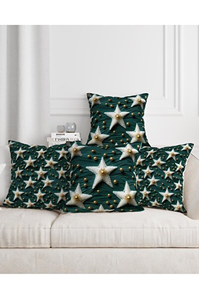 Şah Dekor Christmas Themed Green Background White Star Patterned 4-Piece Digital Printed Gift Pillow Cushion Cover