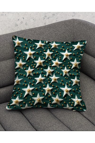 Şah Dekor Christmas Themed Green Background White Star Patterned 4-Piece Digital Printed Gift Pillow Cushion Cover