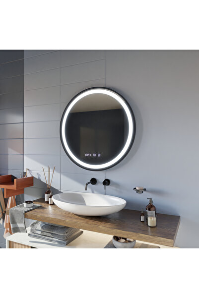 OPTIM DEKO LED Mirror Touch Anti-Fog System, Clock & Temperature 60 cm Black Brushed Frame