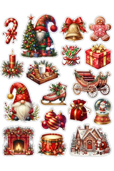 NUNUKİ Kırmızı Yılbaşı Süsleri Sticker Seti Christmas Stickers Yeni Yıl Happy...