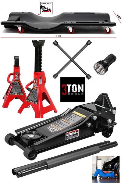 DEKO TURKEY Profesyonel Oto Tamirci Garaj Seti: 4'lü Bijon Anahtarı - 3Ton Düşük Şase Tamirci Kriko - 3Ton Sehpa