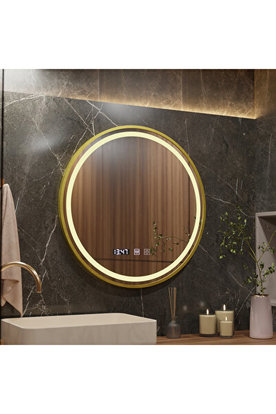 OPTIM DEKO LED Mirror Touch LUSSO - Demisting System, Clock & Temperature, 60 cm, Gold Brushed Frame