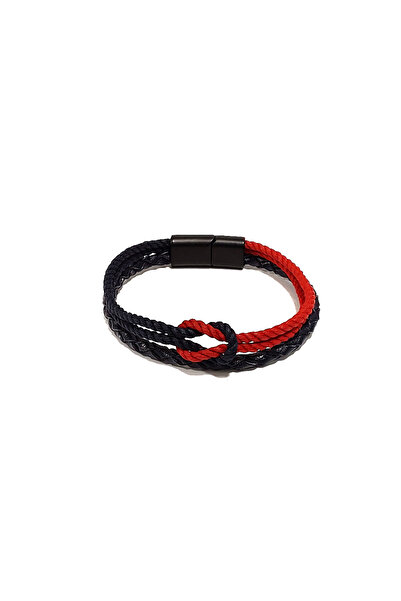 Herşey Nota Black Red Braided Knotted Genuine Leather Men's Bracelet |   Magnetic Metal Buckle Design-1215