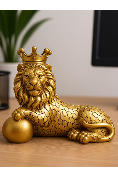 moryconcept Polyester Dekoratif Taçlı Aslan Figürü – Altın Renk Premium Heyke...