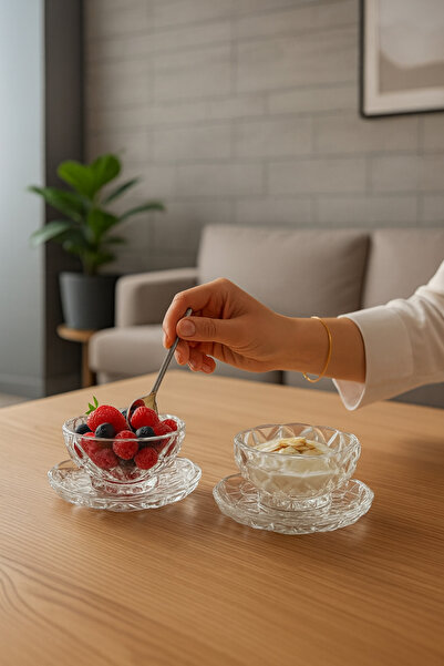 Kezze Kristal Desenli Cam Kase ve Tabak Seti- Tatlı Meze Kahvaltılık Sunum Seti(2'li)