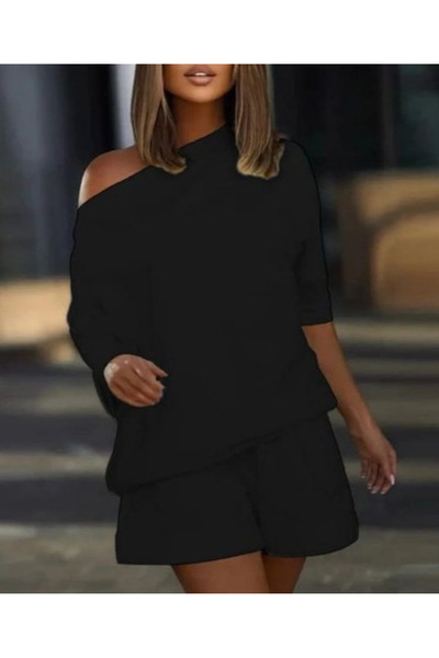 Butik Kadın Kayık Yaka Salaş Iki Iplik Bluz Ve şort Ikili Takım - 2XL-3XL - S...