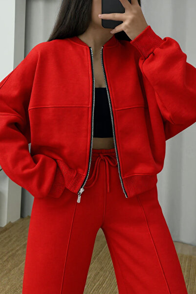 ruNadeS Women's 3 Thread Fleece Lined Palazzo Bomber Tracksuit Set