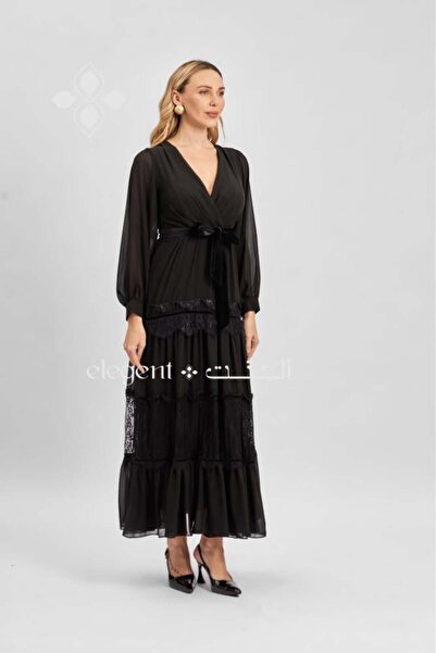 Elegent Black chiffon dress with a velvet belt and elegant lace layers