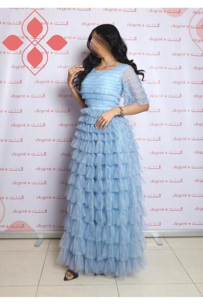 Elegent Soft blue layered tulle evening dress with short sleeves