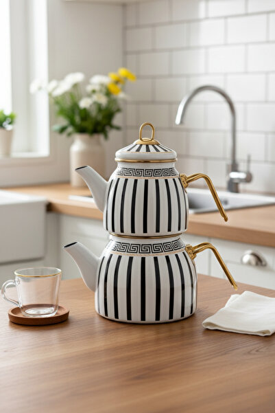Yaren Style Enamel Teapot Set Black and White Striped with Gold Color Metal Handle Luxury Design