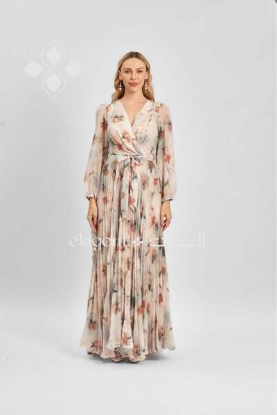 Elegent Floral dress with long sleeves and a wrap silhouette, featuring a waist belt.