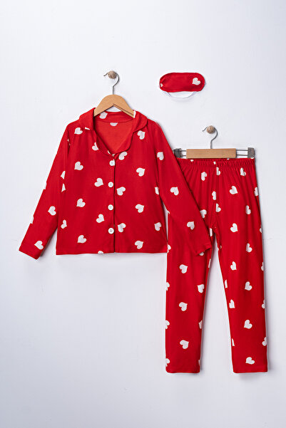 FURYATEX Girl's Cotton Red Suede Heart Patterned Pajama Set - Sleep Headband Gift