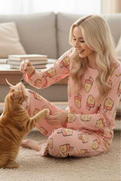 PEMBİŞ HOMEWEAR KADIN PİJAMA TAKIMI UZUN KOLLU DONDURMA DESEN