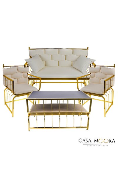 Moora Sofa Set with Two Armchairs + Table / Gold