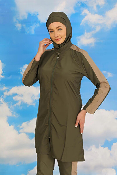 mtm My The Mall ملابس سباحة نسائية حجاب كاملة مع بنطلون وأكمام مخططة كاكي
