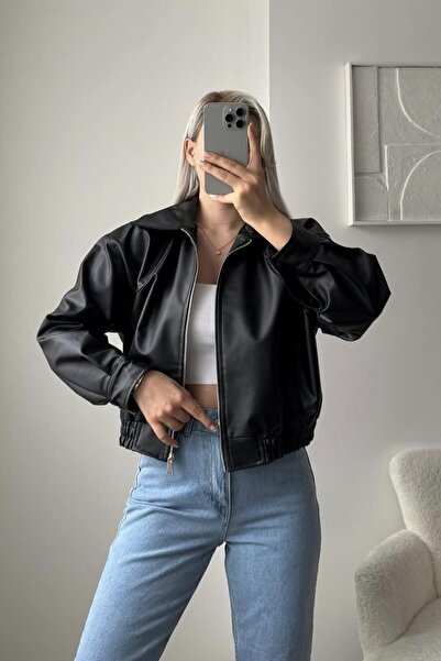 PRİFALDİ Geacă bomber din piele Milano Oversize, neagră