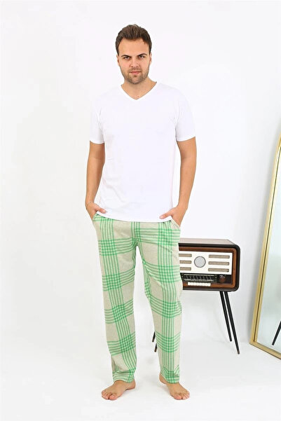 mtm My The Mall Men's Plaid Pattern Combed Cotton Single Bottom Pajamas Green