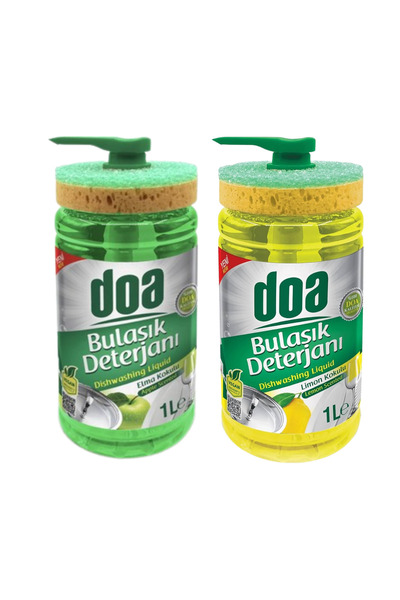 Doa Detergent de Vase 1000 ml cu Burete x 2 buc – Aromă de Măr si Aroma de Lamaie