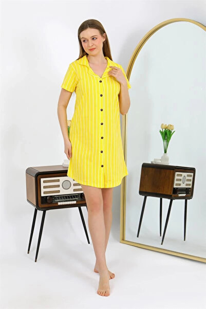 mtm My The Mall Women's Cotton Combed Short Sleeve Buttoned Yellow Tunic Nigh...