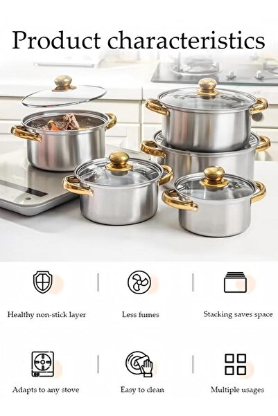 DOMEET 10Pcs Stainless Steel Cookware Set, Household Kitchen Non Stick Pot Set