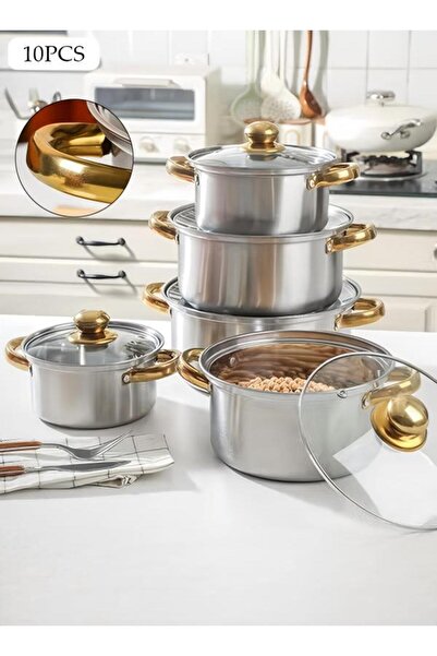 DOMEET 10Pcs Stainless Steel Cookware Set, Household Kitchen Non Stick Pot Set