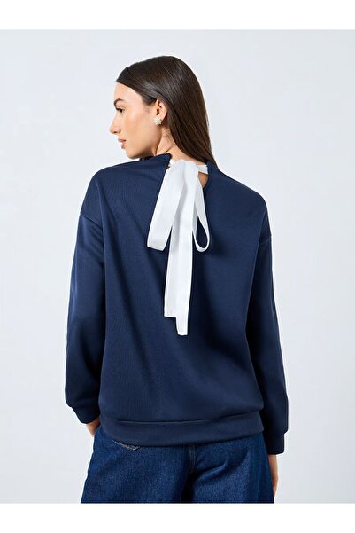 Styli Navy Blue Sweatshirt with Ribbon Tie