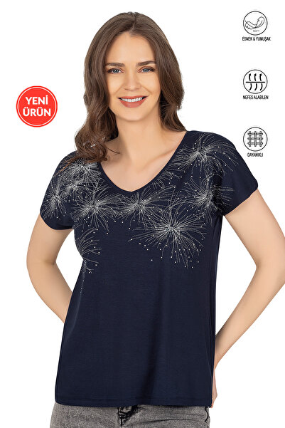 ÖZKAN underwear Özkan 25501 Women's Vorteks Viscose Premium Fabric Knitted Blouse Front Printed Stretch Fabric V-Neck Short Sleeve