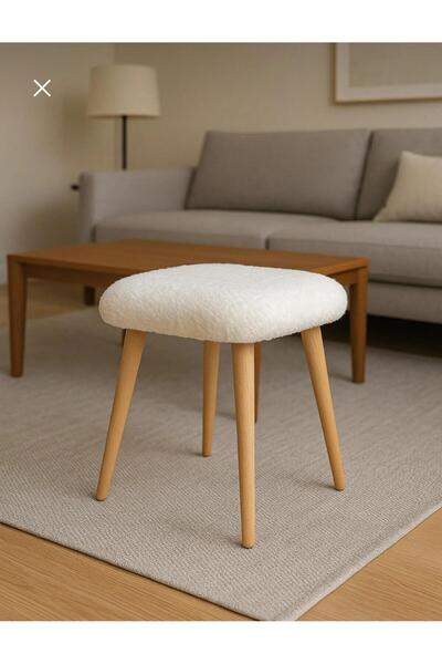 Yuems home Kare Model Tedy Kumaş Beyaz Renk Puf Tabure