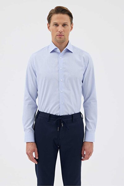 Paşahan Non-Iron Blue and White Striped 100% Cotton Comfort Fit Shirt