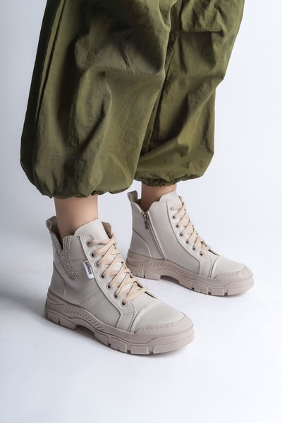 BİLGİMOLA Amber Lace-Up Zippered Orthopedic Sole Women's Boots Ckt - Cream
