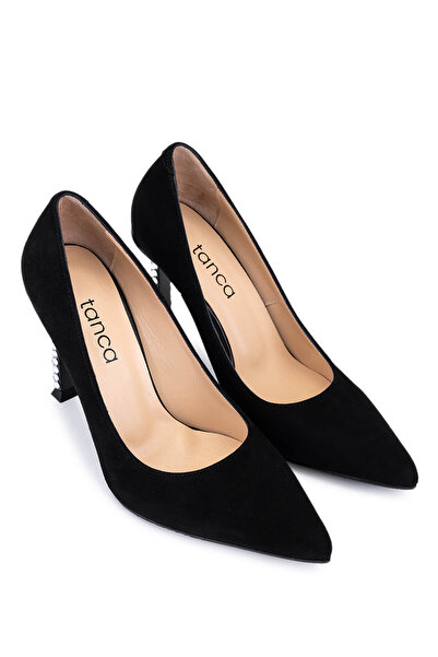 Tamer Tanca Women's Genuine Leather Black Suede Heeled Shoes