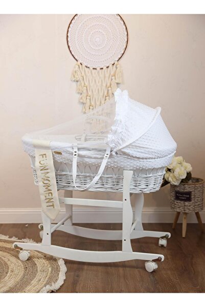 Mini Baby FUN MOMENT Cradle Moses Basket Bamboo White with Mosquito Net & White Stand with Wheels