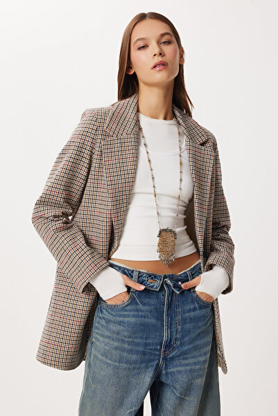 Lovelyİstanbul Jachetă blazer simplă cu carouri din pernițe pentru umeri piese LXA0019 BLACK BONE