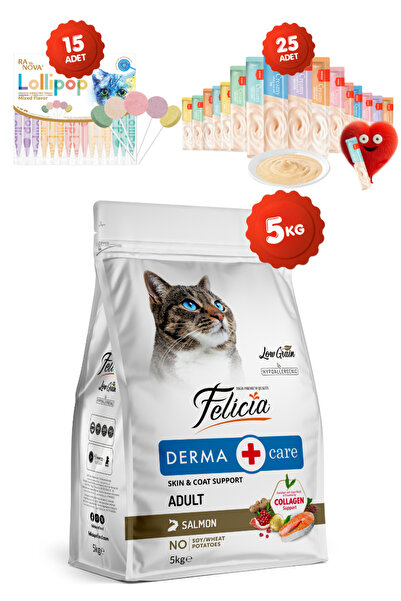 Felicia 5 kg Somonlu Hipoalerjenik Düşük Tahıllı Yetişkin Kedi Maması 25li Ke...