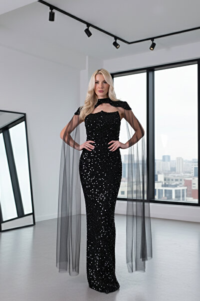 Feminist Boyundan Takma Tül Detaylı Straplez Pul Payet Abiye Siyah 9705683