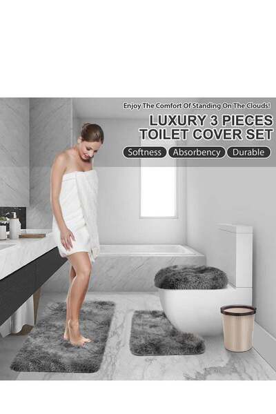Saharaz 3 Piece Bath Set, Contour Mat + Toilet Seat Cover, Water Absorbent Non-Slip Fast Drying (Grey)