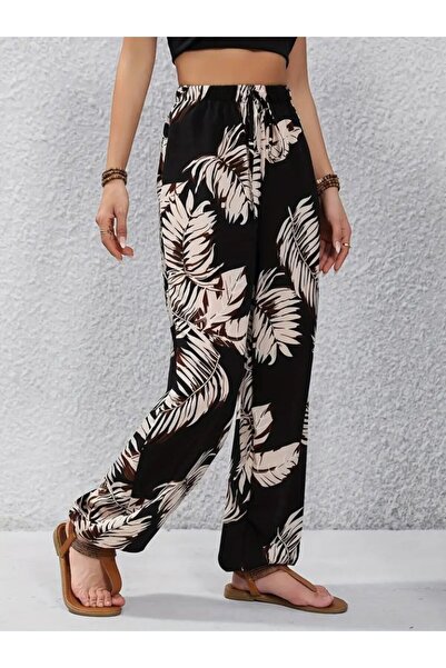 Modayakamoz Women's High Waist Lace up Leaf Patterned Single Jersey Trousers