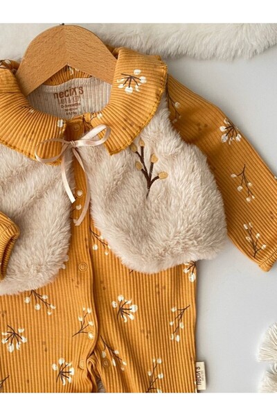 Necix's Plush Vest with Floral Pattern, Ribbed Stretchy Fabric, Snap Fasteners, Booties, Set of 2 Baby Girl Rompers