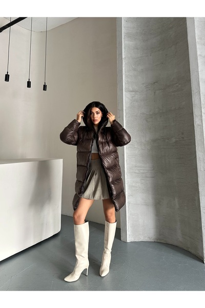 Fashionbox Women's Gel Padding Hooded Zipper Long Puffer Coat 25122