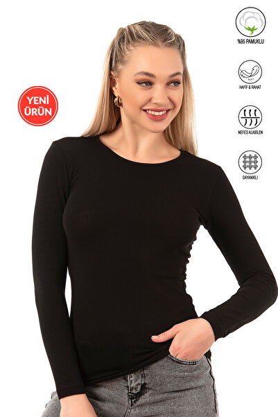 ÖZKAN underwear Özkan 26553 Women's 95% Cotton Single Jersey Stretch Fabric Flexible Comfortable Crew Neck Long Sleeve Blouse
