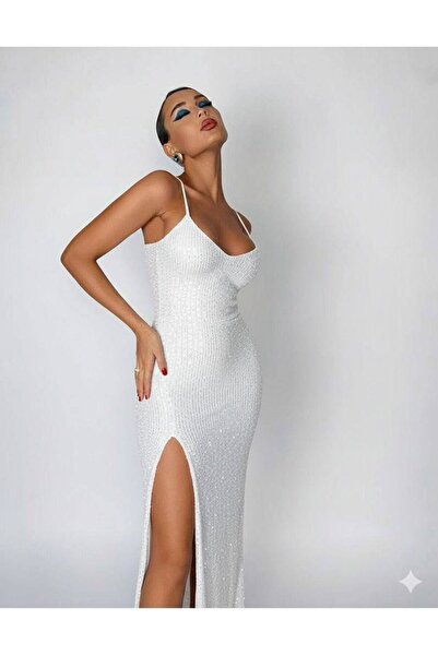 sajarsln Sequined Lined Hidden Zipper at Back Slit Low-Cut Stretch Fabric Evening Dress