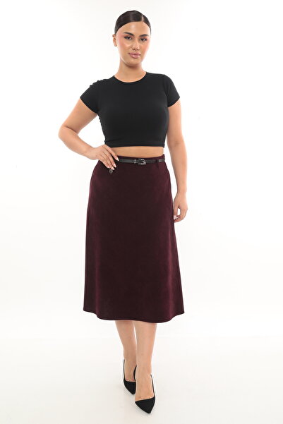 EXİTLİNE Women's Winter Classic Velvet Burgundy Skirt with Belt and Accessories