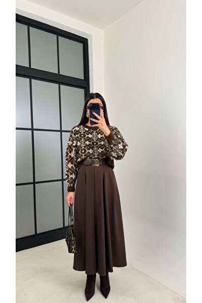Gaus Bitter Brown Belted Pleated Fabric Skirt Gaus-00701
