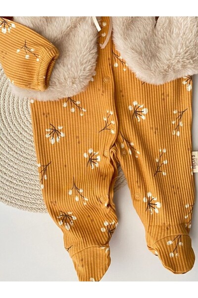 Necix's Plush Vest with Floral Pattern, Ribbed Stretchy Fabric, Snap Fasteners, Booties, Set of 2 Baby Girl Rompers