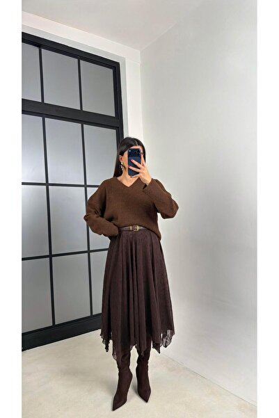 Gaus Coffee Floral Embroidered Lined Tulle Skirt Gaus-00757