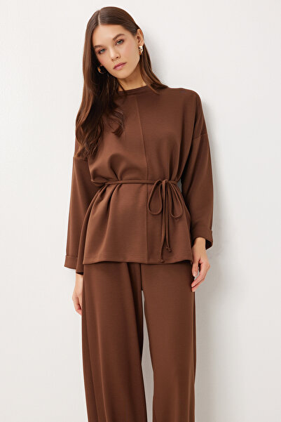 Lovelyİstanbul Lace-Up Detailed Top and Bottom Modal Set Lby0026 Brown