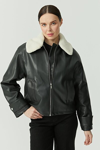 PAULMARK Palton din piele pentru femei cu detaliu la guler