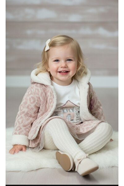 Baray Baby Girl-Child Hooded Cardigan with Fur Inside, Brooch Detail, Elastic Waist Skirt, Badi, Tights Set